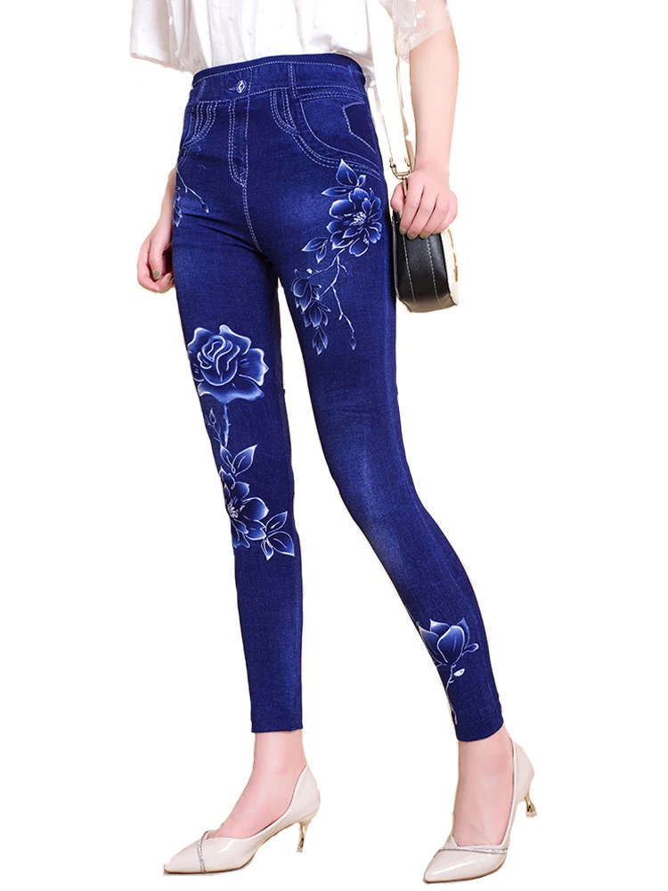 

LJCUIYAO Fashion Slim Women Leggin Floral Print Pencil Pants Faux Denim Jeans Casual Women Clothing Stretchy Plus Size Leggings