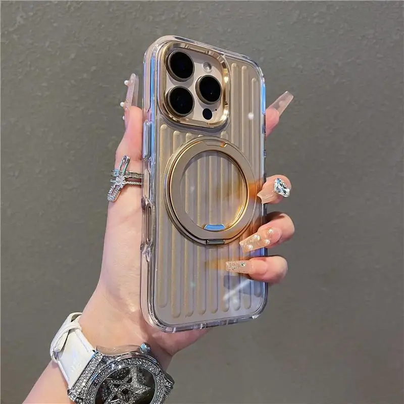 Luggage Corrugated Magnetic Charging Case For IPhone 17 14 15 16 Pro Max Luxury 360 Metal Finger Ring Bracelet Kickstand Cover_voghion.com