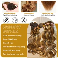 P4‑27 Piano Highlight Body Wave Mèches de Cheveux Humains 100% Brésiliens Remy, Tissage Fait Main, Doux et Épais, Sans Perte de Cheveux, Sans Nœuds, Extensions de Cheveux Brun Miel Blond pour Femmes 12‑26 Pouces 3