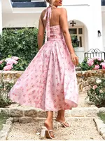 NewAsia Women's Halter Backless Print Floral Midi Corset Dress Spaghetti Straps Tie Up Fashion Casual Holiday Long Dresses Pink - Image 2