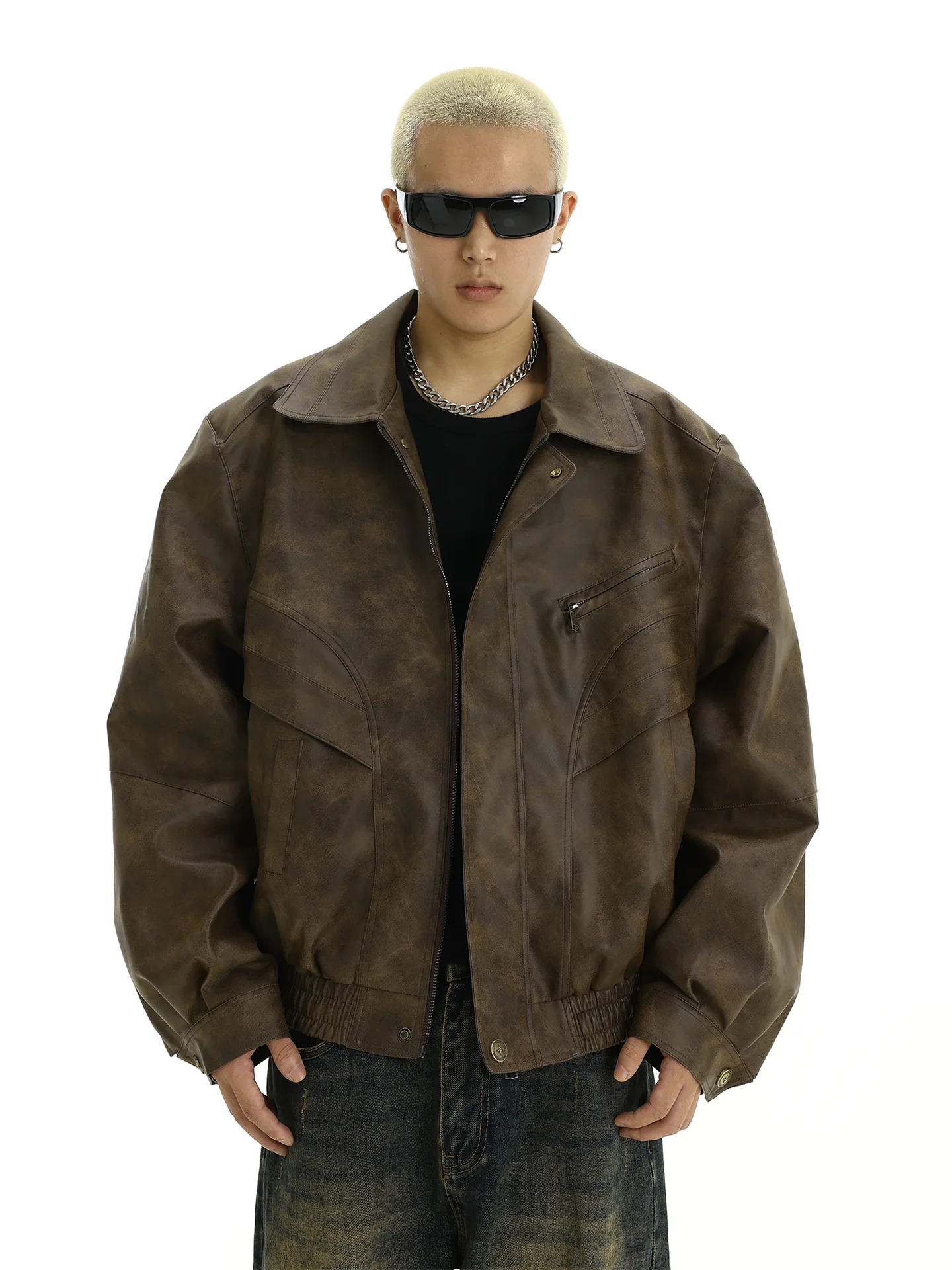 Retro brown distressed leather jacket, men's trendy and handsome design, niche couple casual lapel jacket  Retro brown distresse