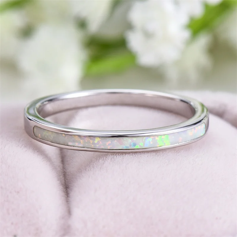 Female Charm White Fire Opal Stone Rings Silver Color Wedding Jewelry For Women Small Thin Round Engagement Ring