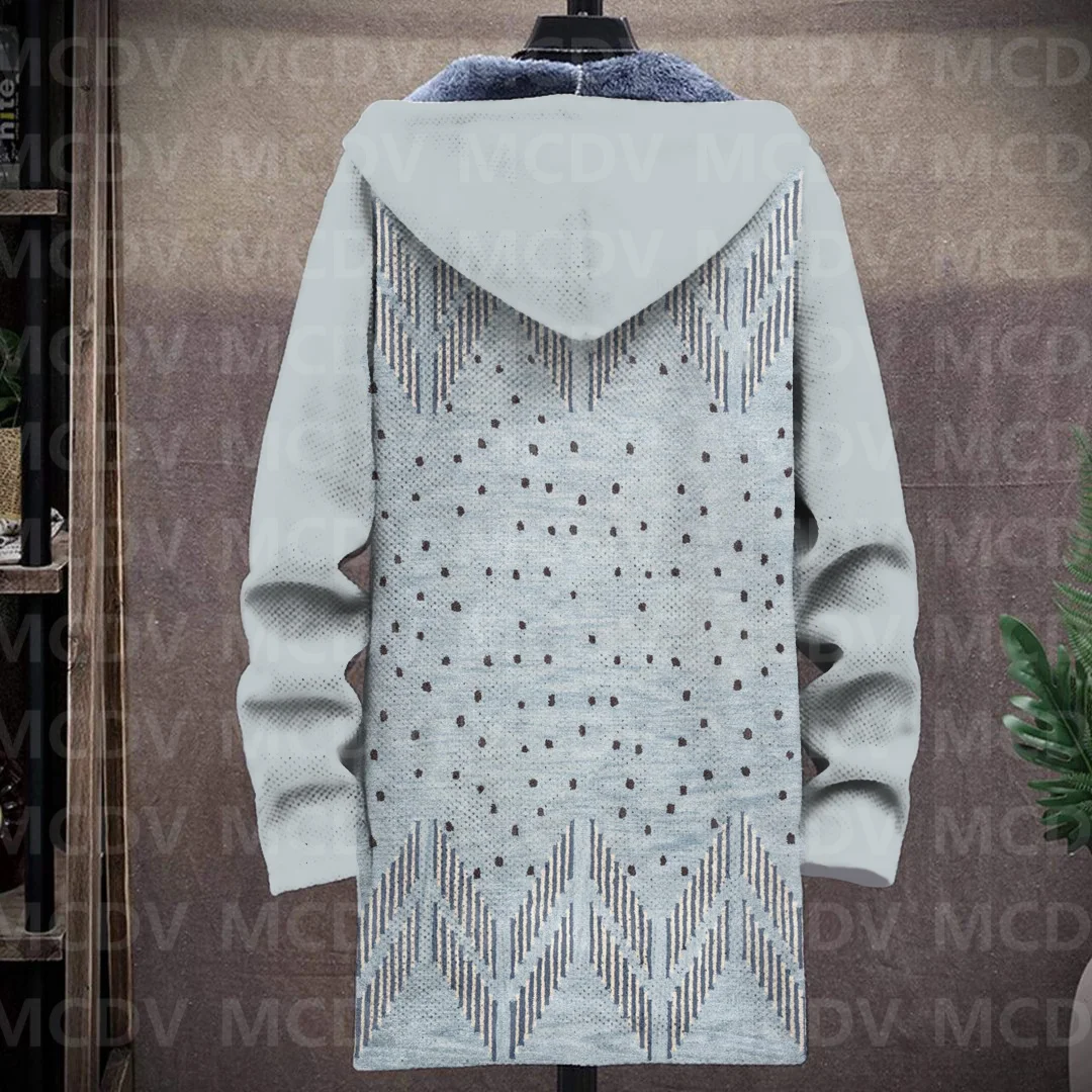 Men's Retro Pattern Print Plush Thick Long-Sleeved Coat Fleece Hooded Overcoat Unisex Thick Warm Jacket
