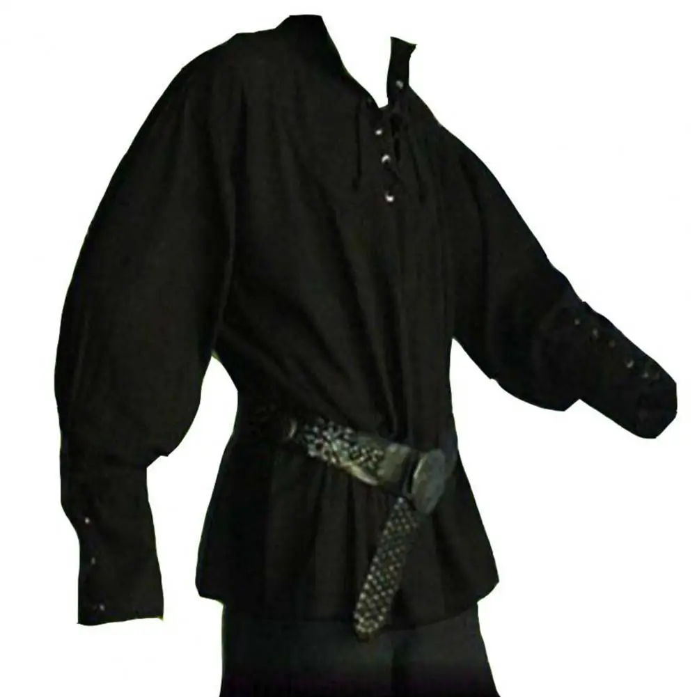 Men Casual Shirts Medieval Renaissance Long Sleeve Bandage Halloween Landlord Knight Vintage Cosplay