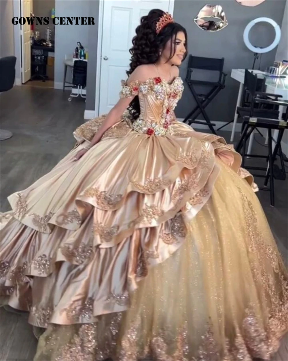 Party Dress Quinceanera Dresses Princess Mexico Champagne Gold Quinceanera Dresses Off The Shoulder Flowers Satin Ruffels Ball Gown Sweet 16