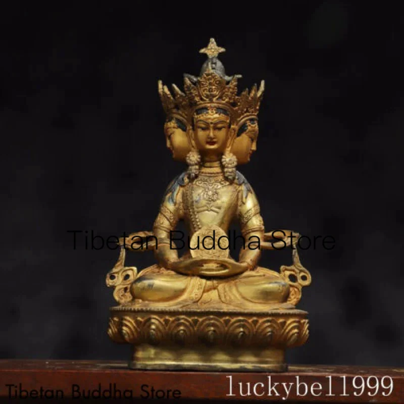 

8.7" Old Tibetan Buddhism Temple Bronze 24k Gilt The three face Buddha Statue