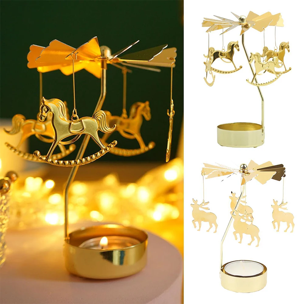 Golden Rotating Candle Holder Romantic Metal Tealight Candle Holder For Christmas Home Decoration Dinner Wedding Bar Party