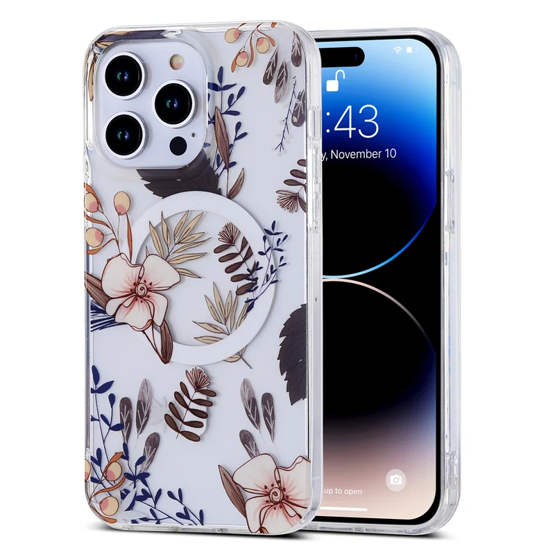 Transparente Magsafe-Hülle mit schönen Blumen für iPhone 16 Pro Max 15 14 13 12, dünne, harte, kabellose Ladeabdeckung aus Acryl, Funda 14Pro_voghion.com