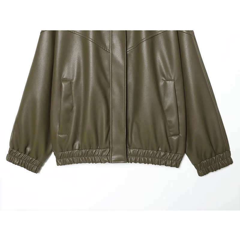 Street PU Leather Women Jacket Y2k Green Long Sleeve Zippers Pocket Female Bomber Jackets Coat 2026 Spring Lady New Outwear ﻿