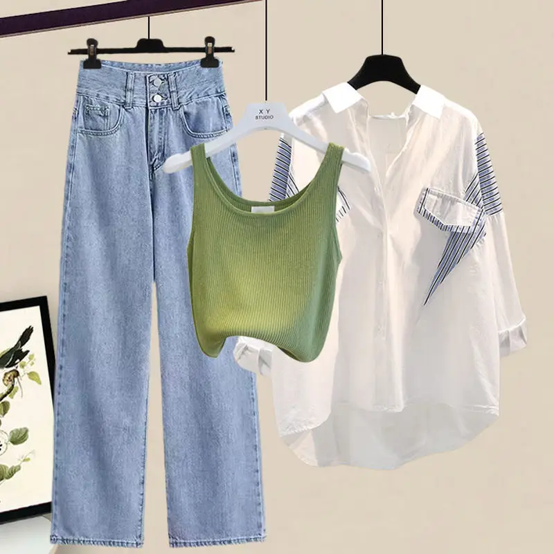 Women's Spring Autumn New Tracksuit Two Piece Korean Elegant Striped Shirt+Vest+Jeans Matching Set Female Chic Denim Pants Suit 3
