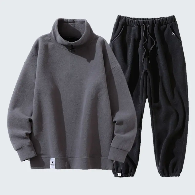 Polar Fleece Set Casual Set for Men's Autumn and Winter Warm Winter Half High Collar Solid Male Sports Two-Piece Set