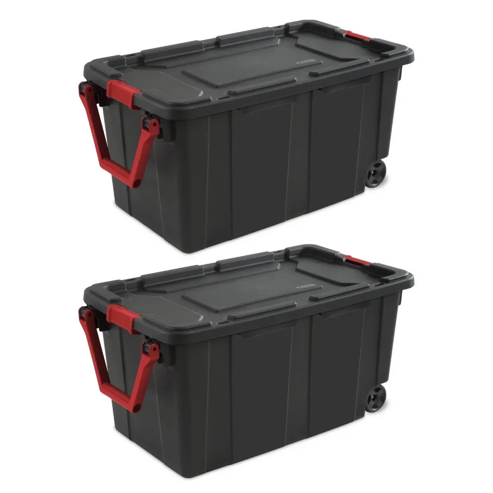 

Sterilite 40 Gallon Wheeled Industrial Tote Plastic, Black, Set of 2 Storage Containers, Home Organization and Storage