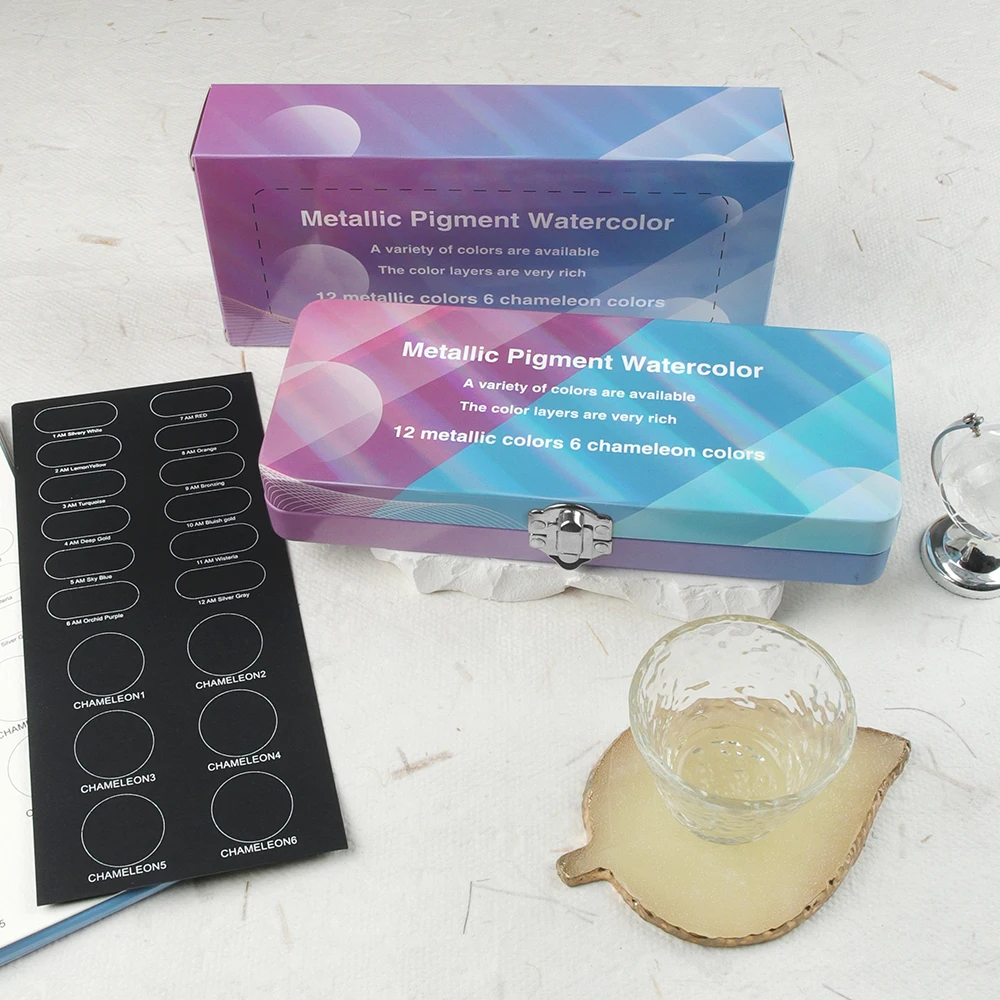 SeamiArt 12가지 메탈릭 색상 및 6가지 카멜레온 수채화 세트(2개 포함). 그림 그리기 용품용 페인트 브러시