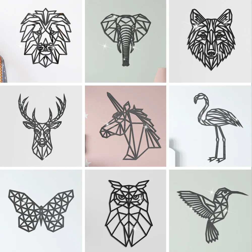 Unicorn Lion Elephant Deer Geometric Line Wall Mirror Stickers Kids Room Decal Gold Silver Black Hollow Acrylic Home Wallpaper