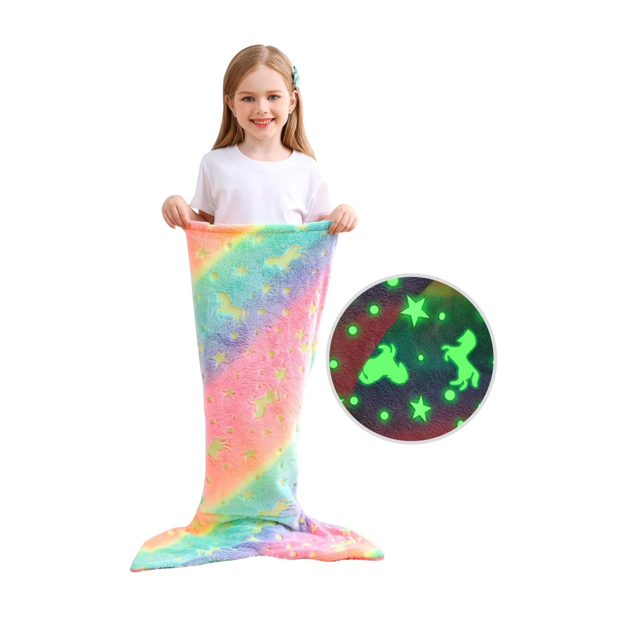 Enchanting Glow-in-the-Dark Rainbow Unicorn Mermaid Blanket - Super Soft Flannel Gift