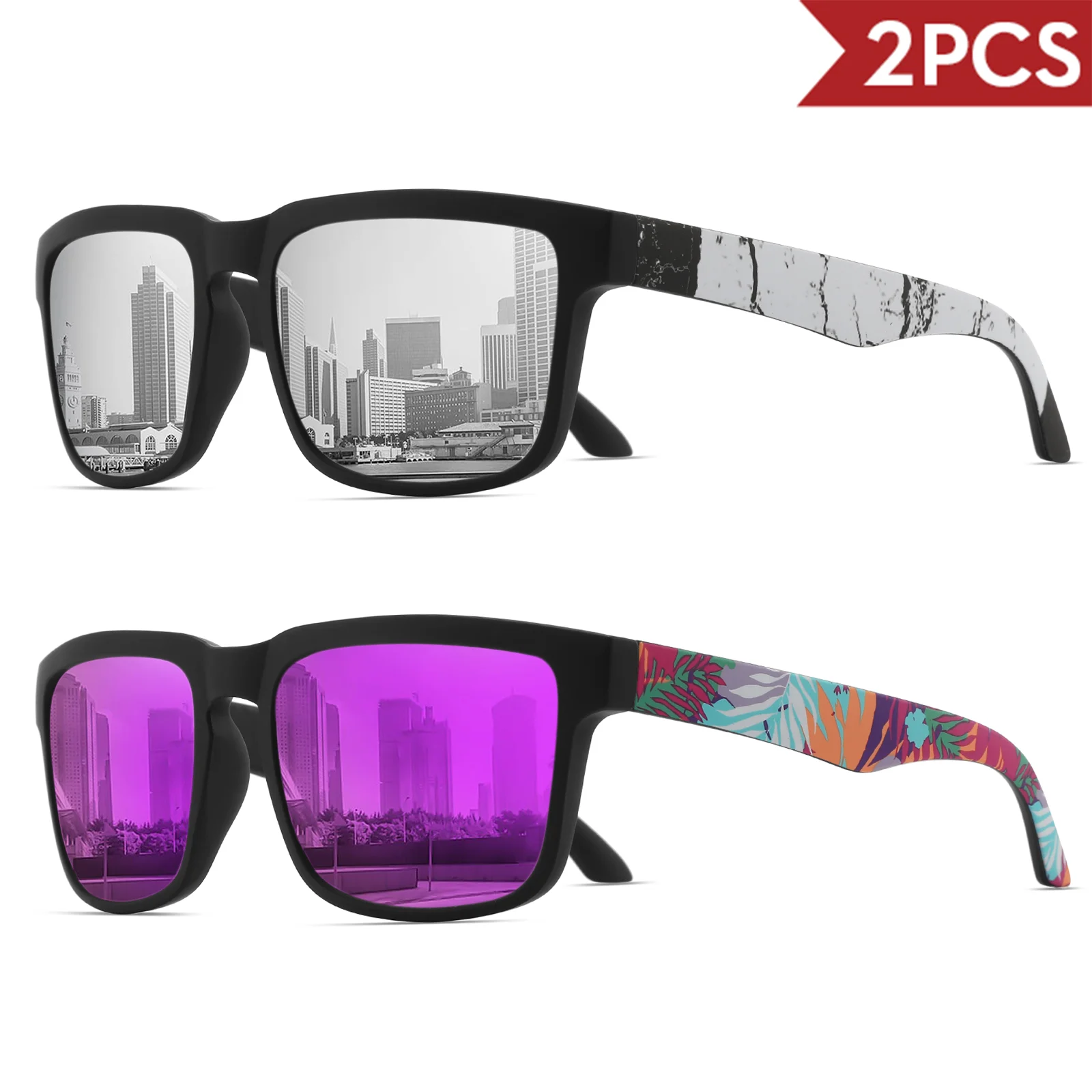 2 quadratische Sport-Sonnenbrille mit Designer-Tempelmuster – UV400 für Männer und Frauen, Strandurlaub – Detail 14