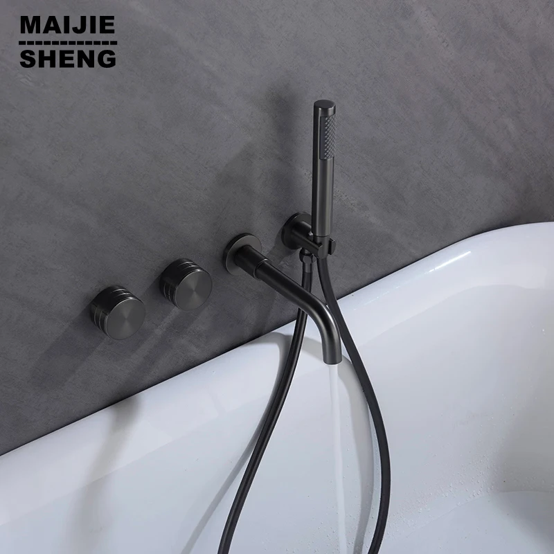 

Bathroom Basin Faucet Brushed Gold/Gunmetal 2-Handle 4-Hole Wall Mounted Bathroom Sink Knurling Handle Shower Head