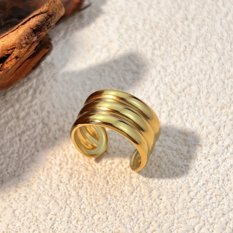 Punk Waterproof Stainless Steel Metal Thick Stripe Open Wide Rings Gold&silver Mix Color Three Layers Knuckle Ring Retro Jewelry