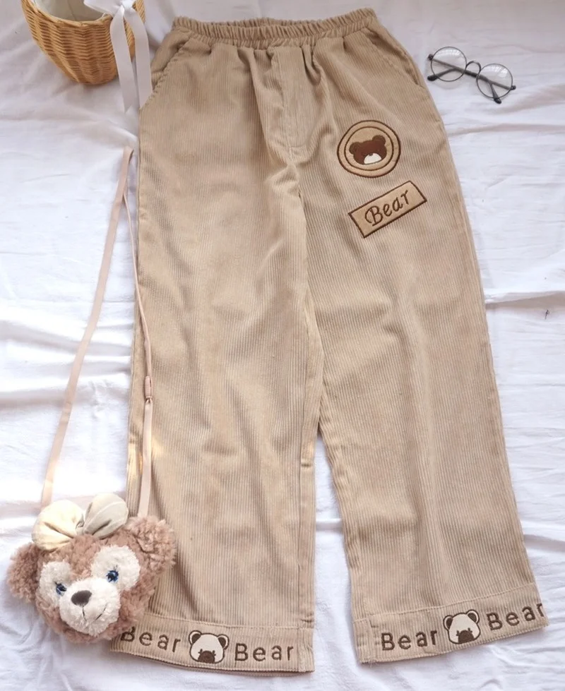 Japanese Autumn Fashion Preppy Style Students Girls Straight Casual Pants Trousers Women Cartoon Bear Embroidered Corduroy Pants