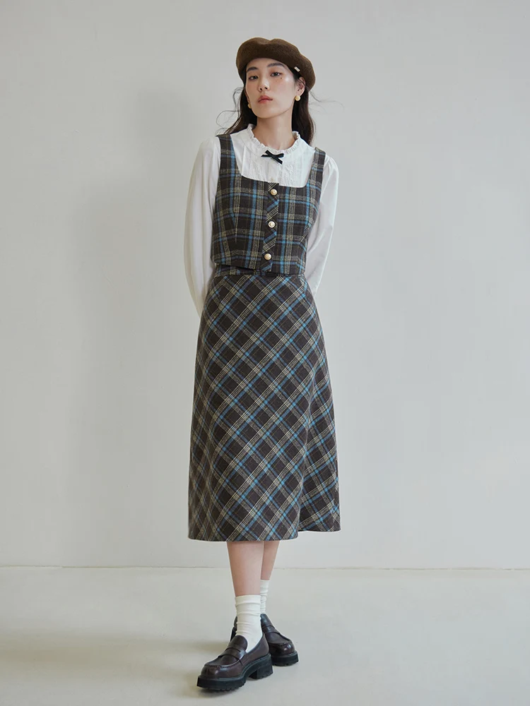 DUSHU Women Brown Blue Plaid British Style Vest Skirt Sets Camisole Long A-LINE Skirts Office Lady Thicken 5.4% Wool Set lordloar cable variation vest brown