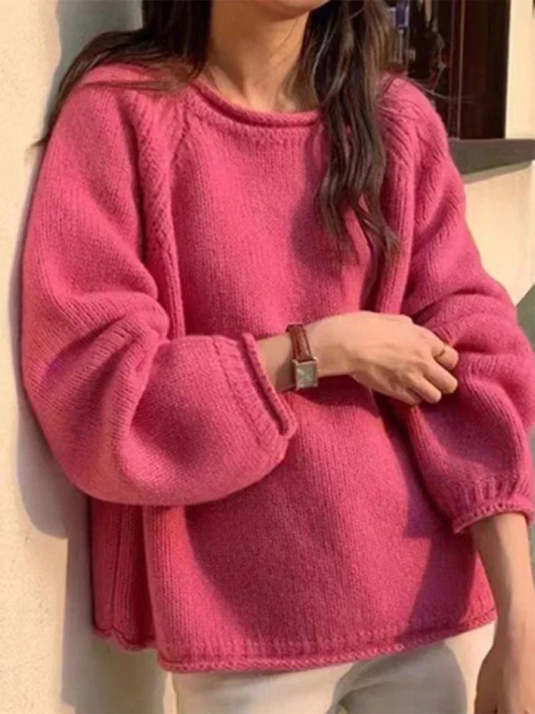 

Casual Solid Pullover Woman Sweater O-neck Short Puff Sleeve Top Autumn Winter Female Loose Long Sleeve Knitted Jumper