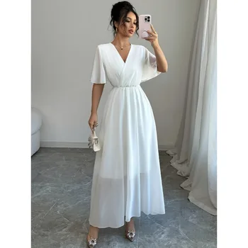 Plus Size Womens Summer Flowy Chiffon Midi Dress Casual V Neck Short Sleeve High Waist Boho Beach Dress Wedding Guest Maxi Dress 1