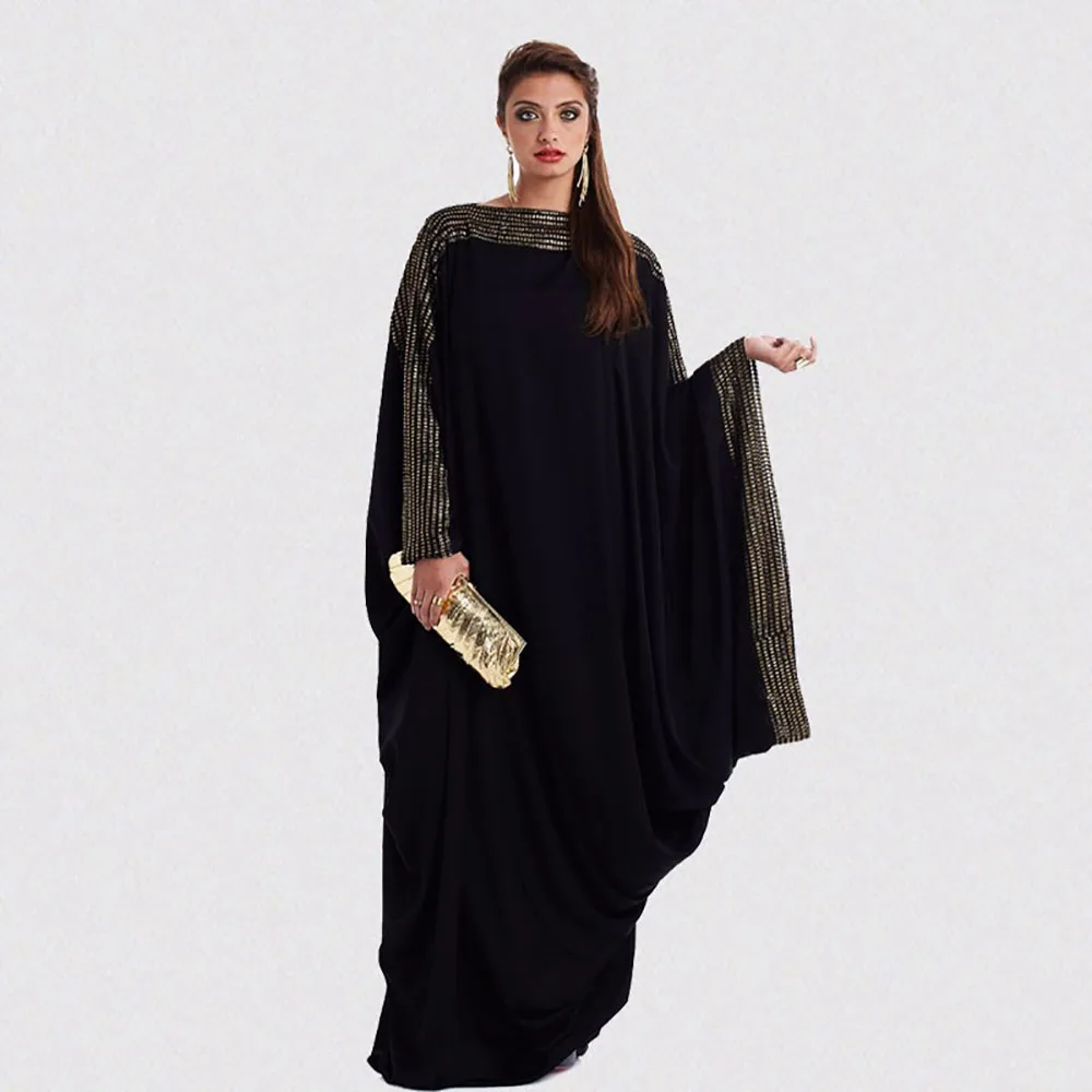 Arab Elegant Loose Solid Robe Muslim Hui Dubai Gold Stamping Bat Long Sleeve Ladies Kaftan Spring Oversized Women's Black Dress