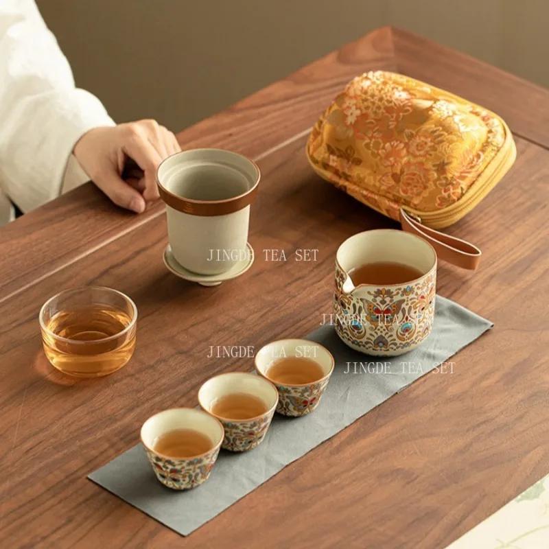 Yellow Ru Kiln Butterfly Travel Tea Set Outdoor Portable Kuaike Cup 1 Pot 3 Cups Tea Maker Set Tea Ceremony Accessories