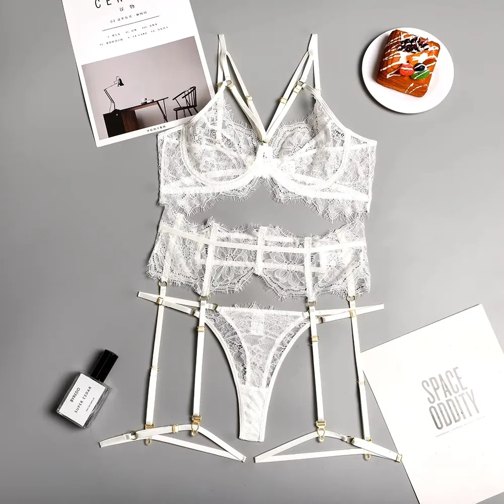 Lingerie Sexy Underwear Lace Hollow Out Transparent Sets Sensual Underwire Bra and Panty Set with Garters