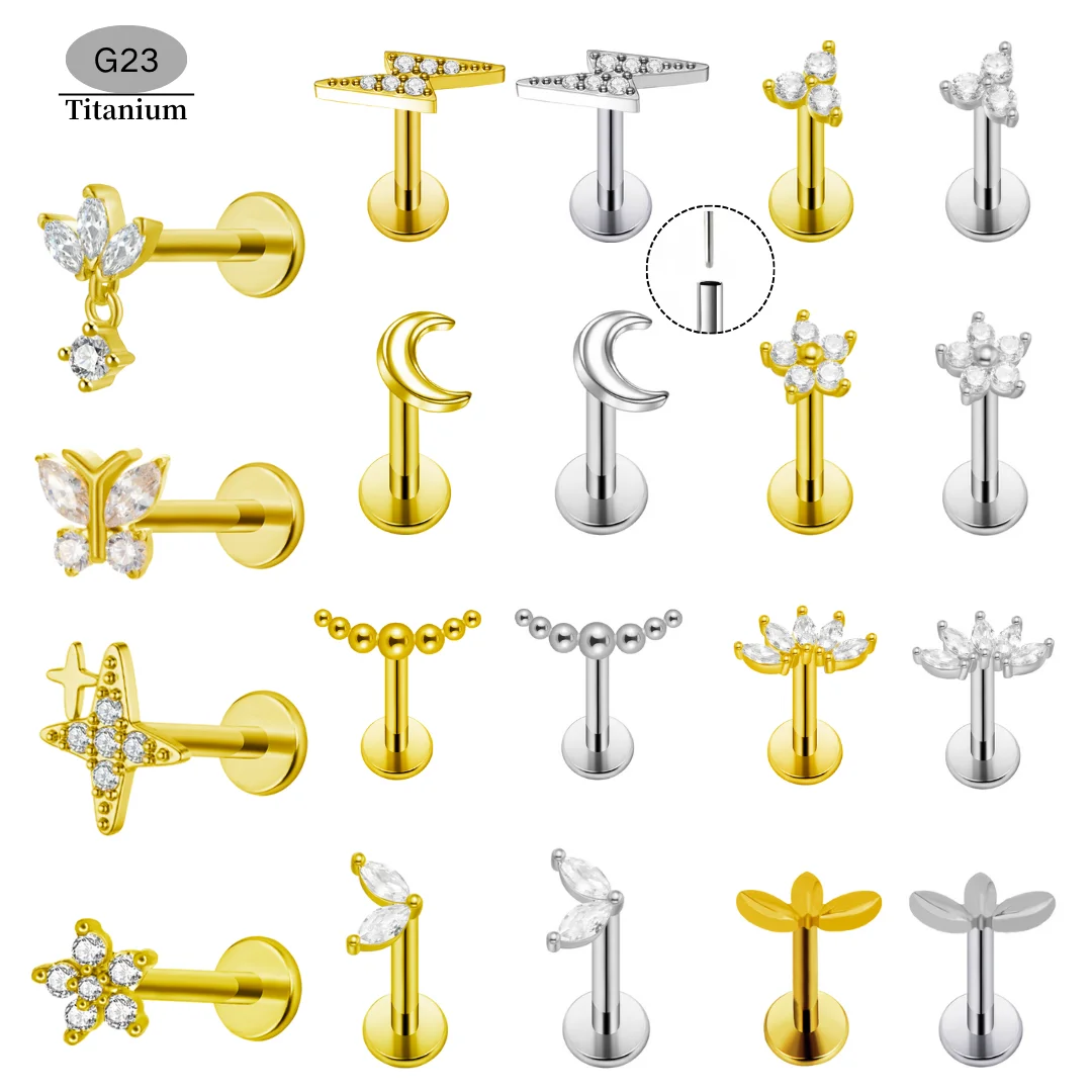 ASTM F136 G23 Titanium Threadless Push-in Piercing Moon Star Butterfly CZ Lip Stud for Daith Conch Cartilage 16G 18G 20G piercing jewelry body piercing jewelry body jewelry ear piercing jewelry body piercing earrings