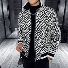 

2022 Zebra Printed Men Jacket Stand Collar Zipped Casual Bomber Jacket Korean Streetwear Social Windbreaker Coat Men Clothing