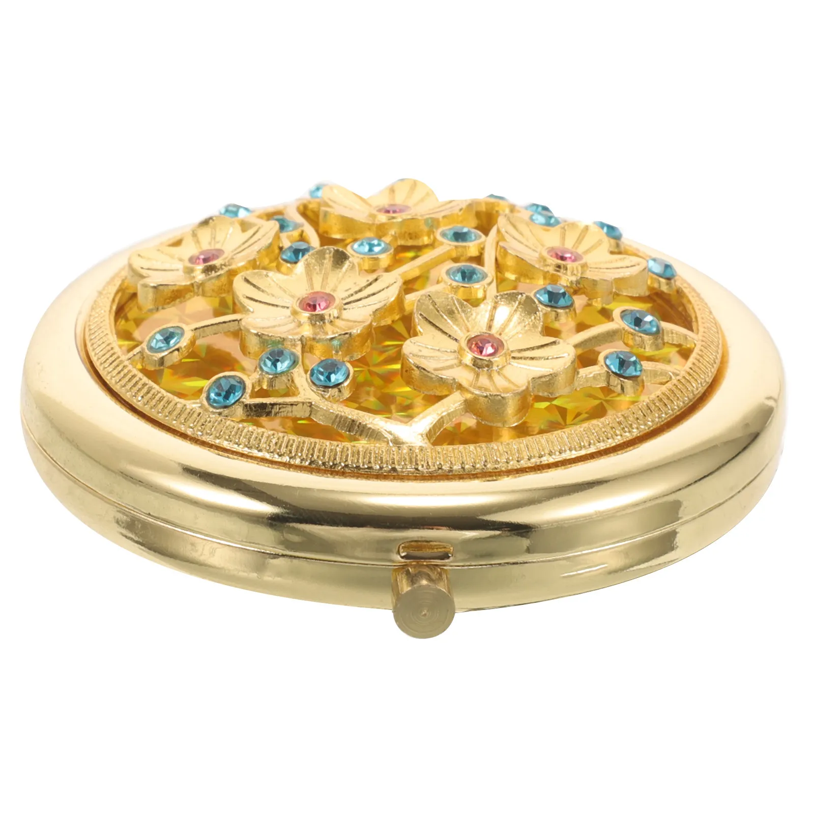 휴대용 화장 거울 여성용 컴팩트 빈티지 골드 마감 핸드헬드 거울 이동 중에도 ..