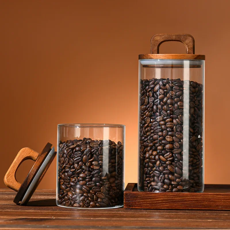 Coffee Bean Glass Sealed Jar with Wooden Lid Transparent Tea Grains Candy Jars Food Storage Containers Kitchen Storage Bottles 2
