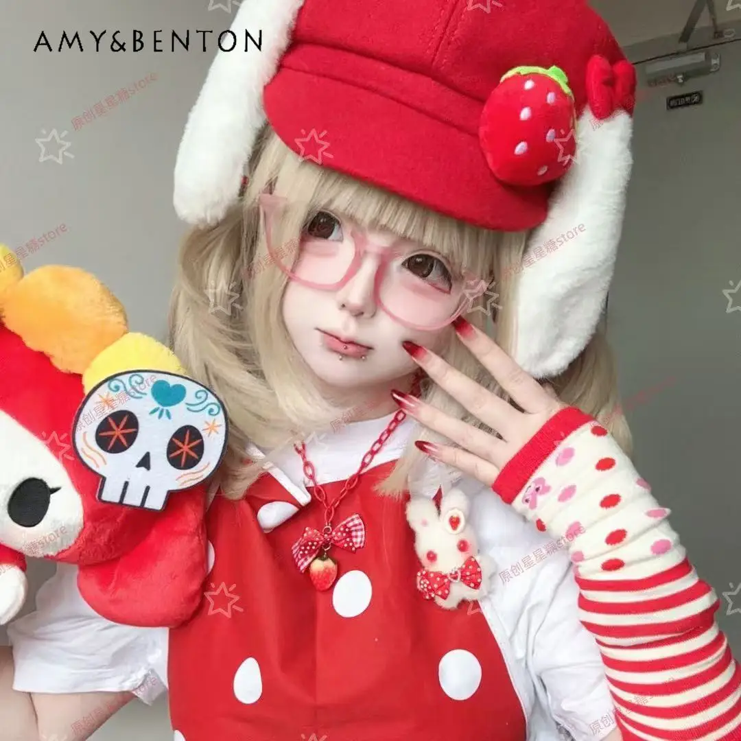 Original Sweet Girl Octagonal Hat Rabbit Ears Strawberry Red Newsboy Caps Cute Subculture Japanese Style Kawaii Beret Women