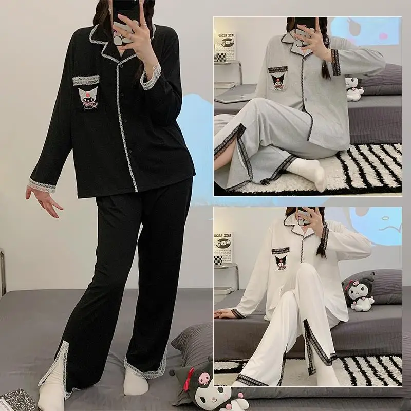 

Kawaii Sanrio Kuromi Cute Cartoon Women's Pajamas Spring Autumn New Long-Sleeved Thin Section Loose Cardigan Fashion Home Suit