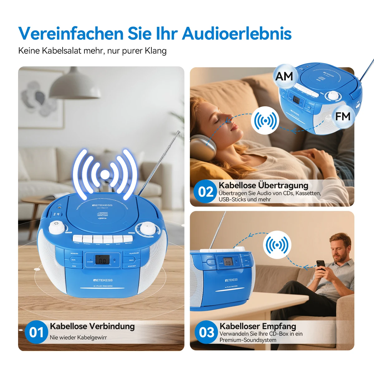 RETEKESS TR621P Bluetooth Multifunktionsradio Tragbarer CD-Kassetten-Player Rekorder Stereo-Boombox FM/AM für Party, Zuhause, Geschenke – Detail 4