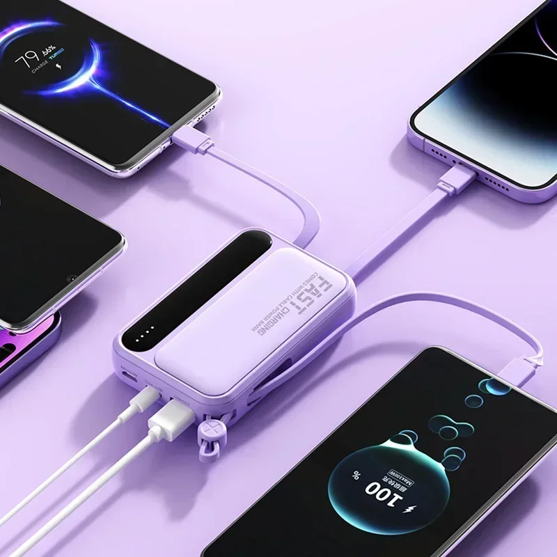 20000mAh Mini Power Bank Built in Cables External Battery  for IPhone Samsung Xiaomi Powerbank Spare Battery 6