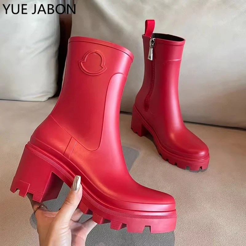 

White Red Winter Women Rain Boots Chunk Heel Thick Bottom Female Shoes Comfort Mid Heels Zipper Ankle Boots Outdoor PVC Botas