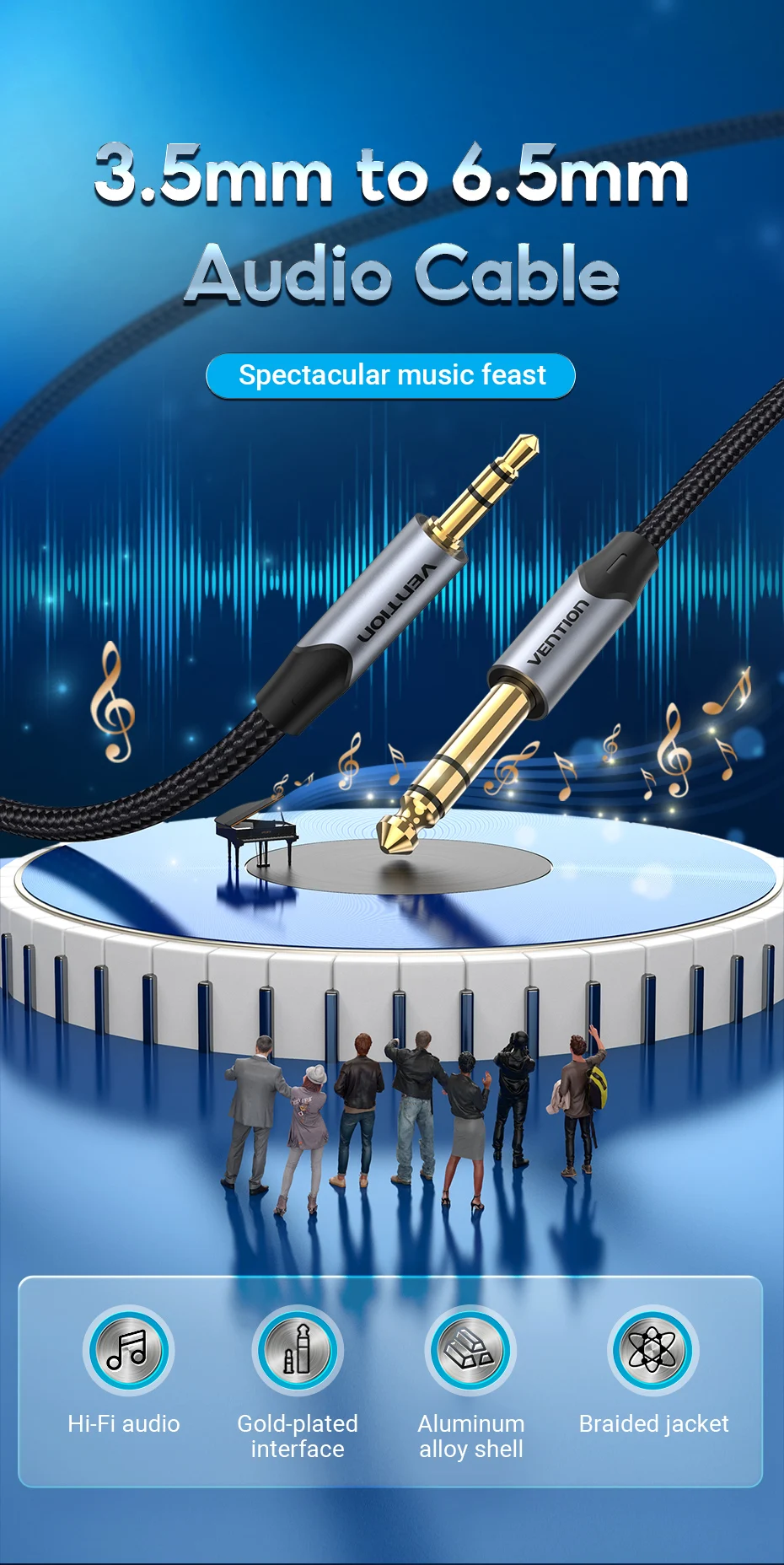 3.5 to 6.5 Jack Audio Cable Adapter for CD Player Speaker Guitar Amplifier TRS A