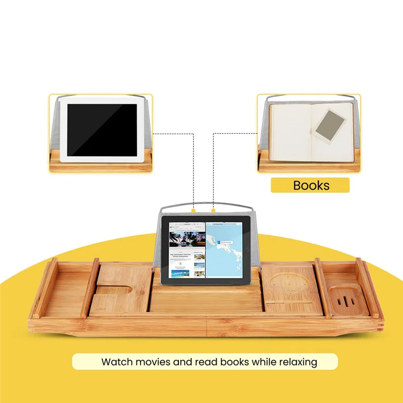1 PCS Bamboo Expandable Bathroom Organizer Bathtub Storage Board With Cellphone Tablet And Wine Book Holder B