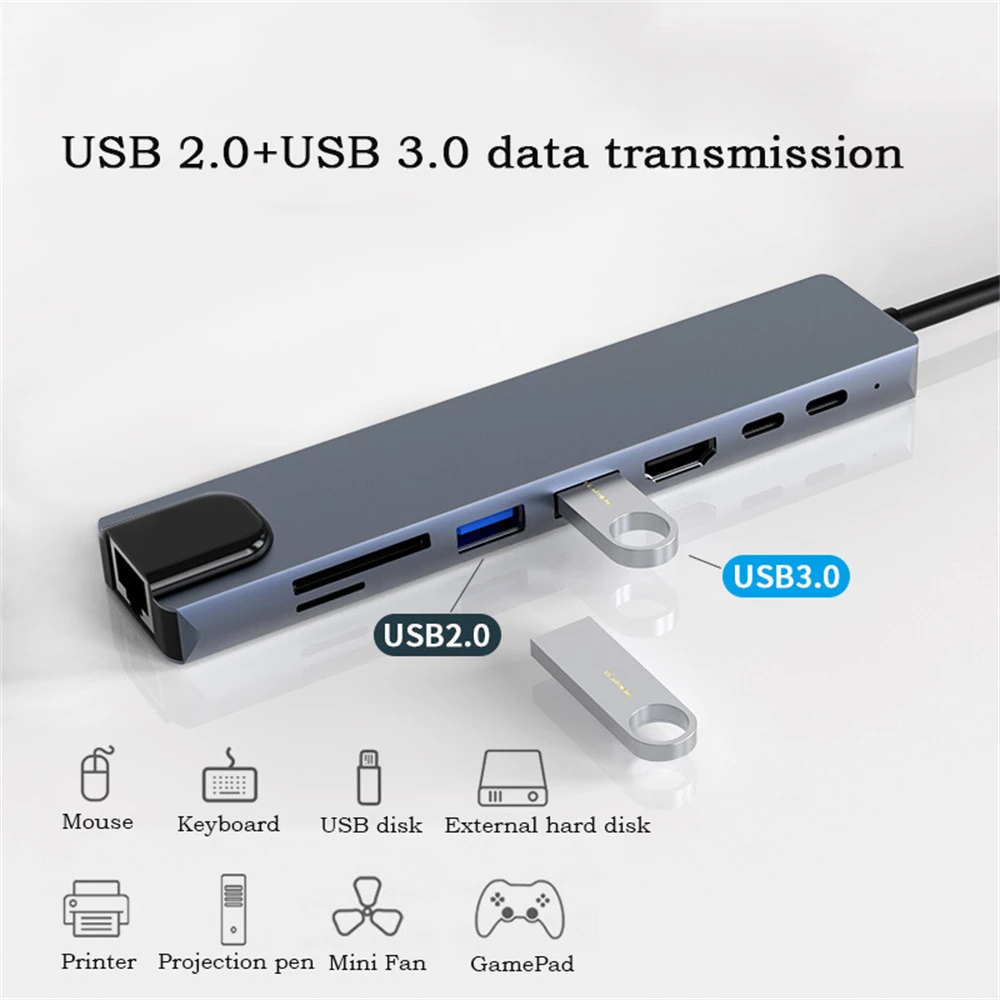 8-in-1 USB C Hub - 4K HDTV, 100W PD, USB Ports, Ethernet, SD/TF Card Reader - MacBook Pro/Air Compatible