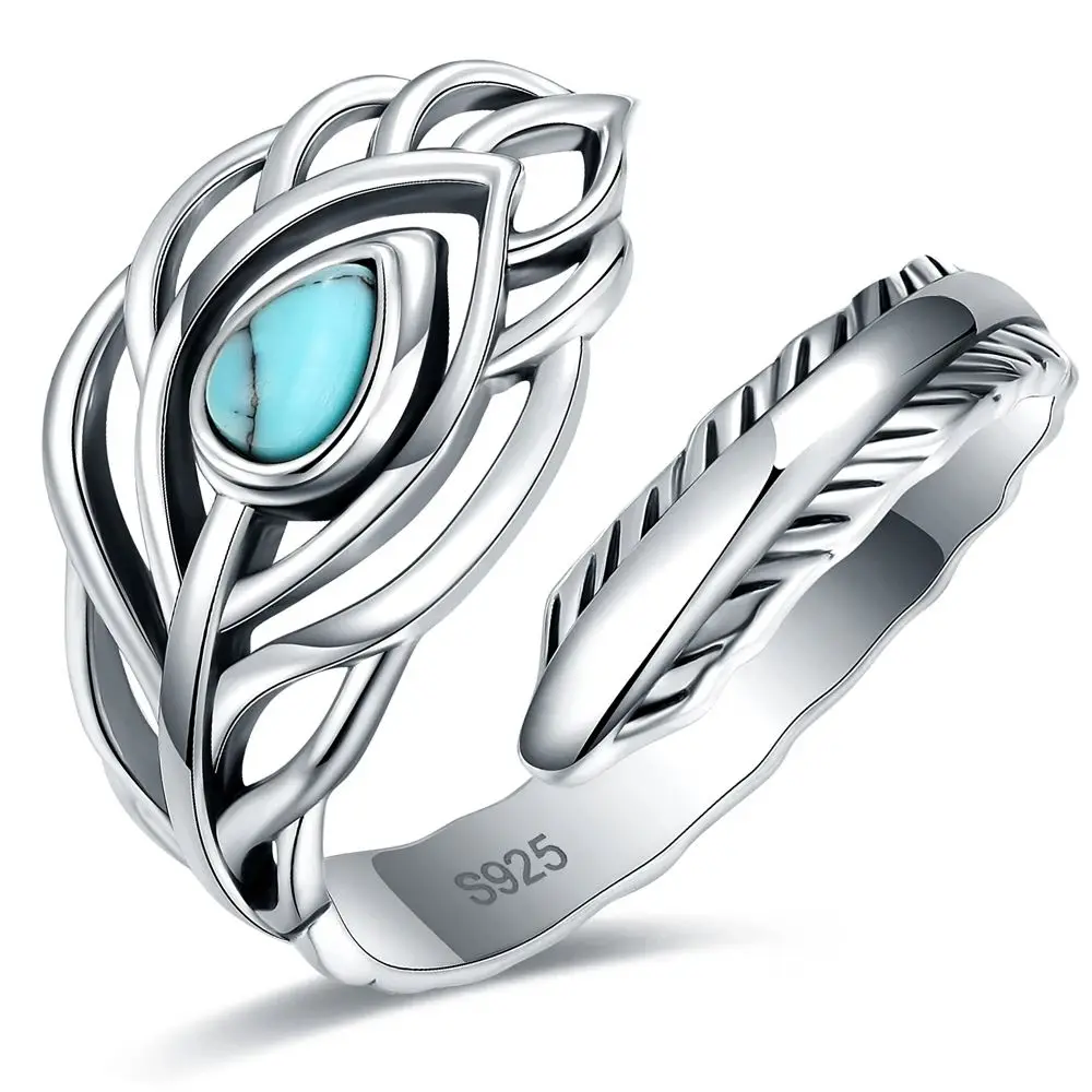 JERWLI Sterling Silver Dragonfly Spoon Ring With Turquoise - Adjustable Vintage Thumb Ring For Women & Men