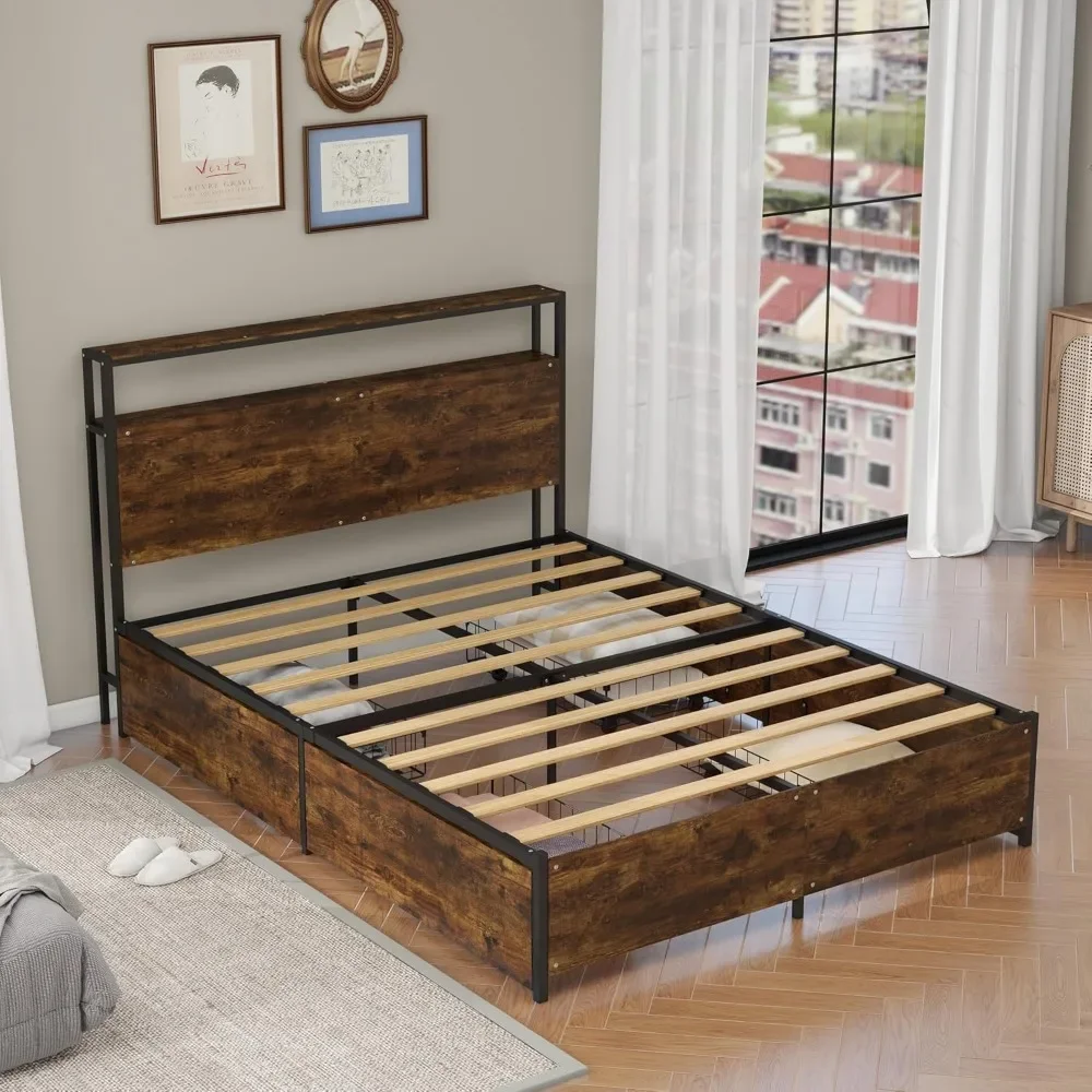 Queen Size Bed Frame,Industrial Metal Platform Bed Frame with 2 Tier Storage Wooden Headboard and Footboard,4 Storage Drawers 4