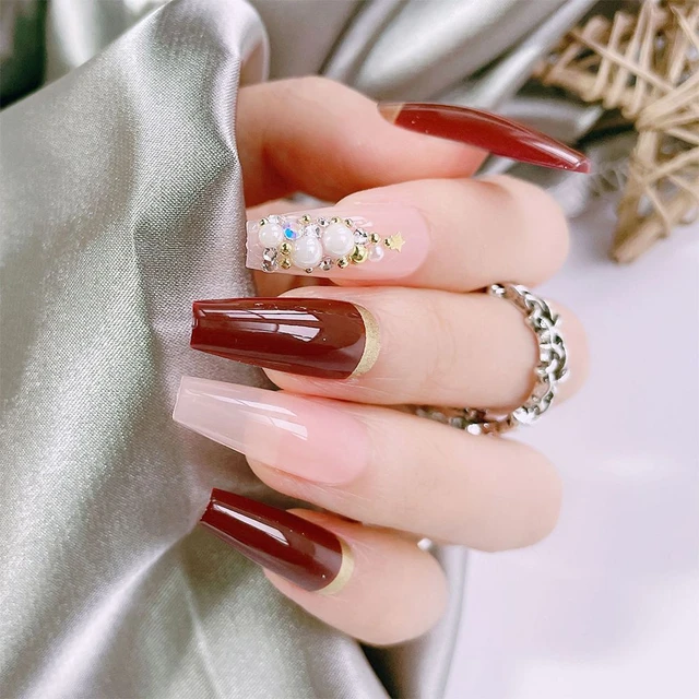 Uñas postizas con diseño de bailarina larga, uñas acrílicas de cobertura  completa con borde dorado rojo vino francés, 24 piezas _ - AliExpress Mobile