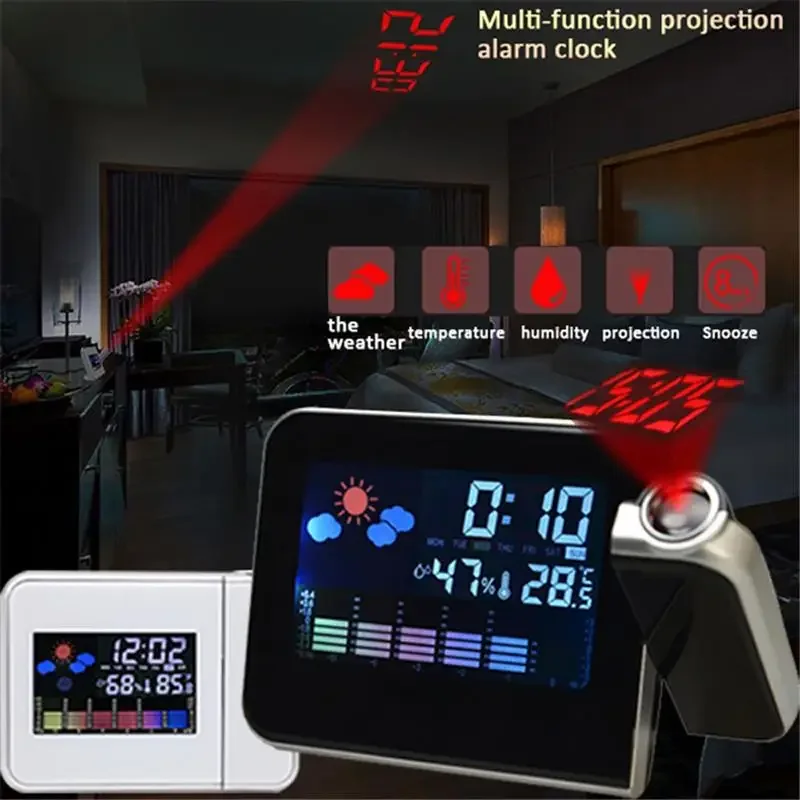 

USB Projector Digital Watch Alarm Clock Temperature Humidity Desktop LCD Timing Date Calendar Display LED Backlight Table Clock