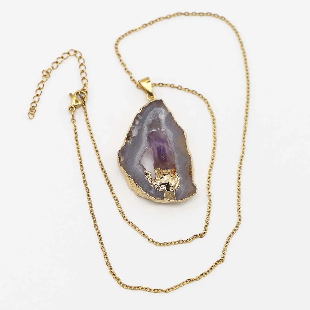 Natural Stone Irregular Agate Necklaces Druzy Amethyst Stainless Steel Chain Pendants Energy Healing Chakra Halo Fashion Jewelry