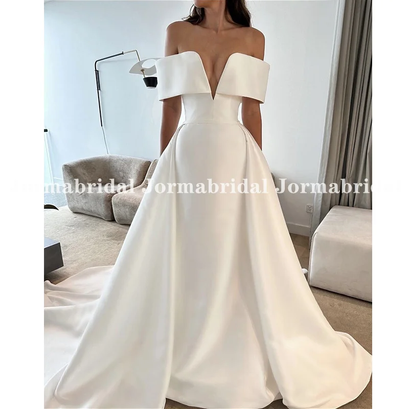 

Elegant Mermaid Satin Wedding Dress With Detachable Skirt Plunging Notched Neckline Off the Shoulder Bridal Gowns Long Train New