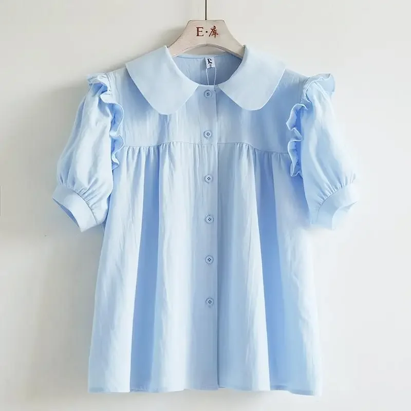 Grüner Peter-Pan-Kragen, einreihig, kurzärmelig, lockere Damenbluse, Hemd, koreanische Mode, weibliche Kleidung, Tops, 2026, Frühling – Detail 2