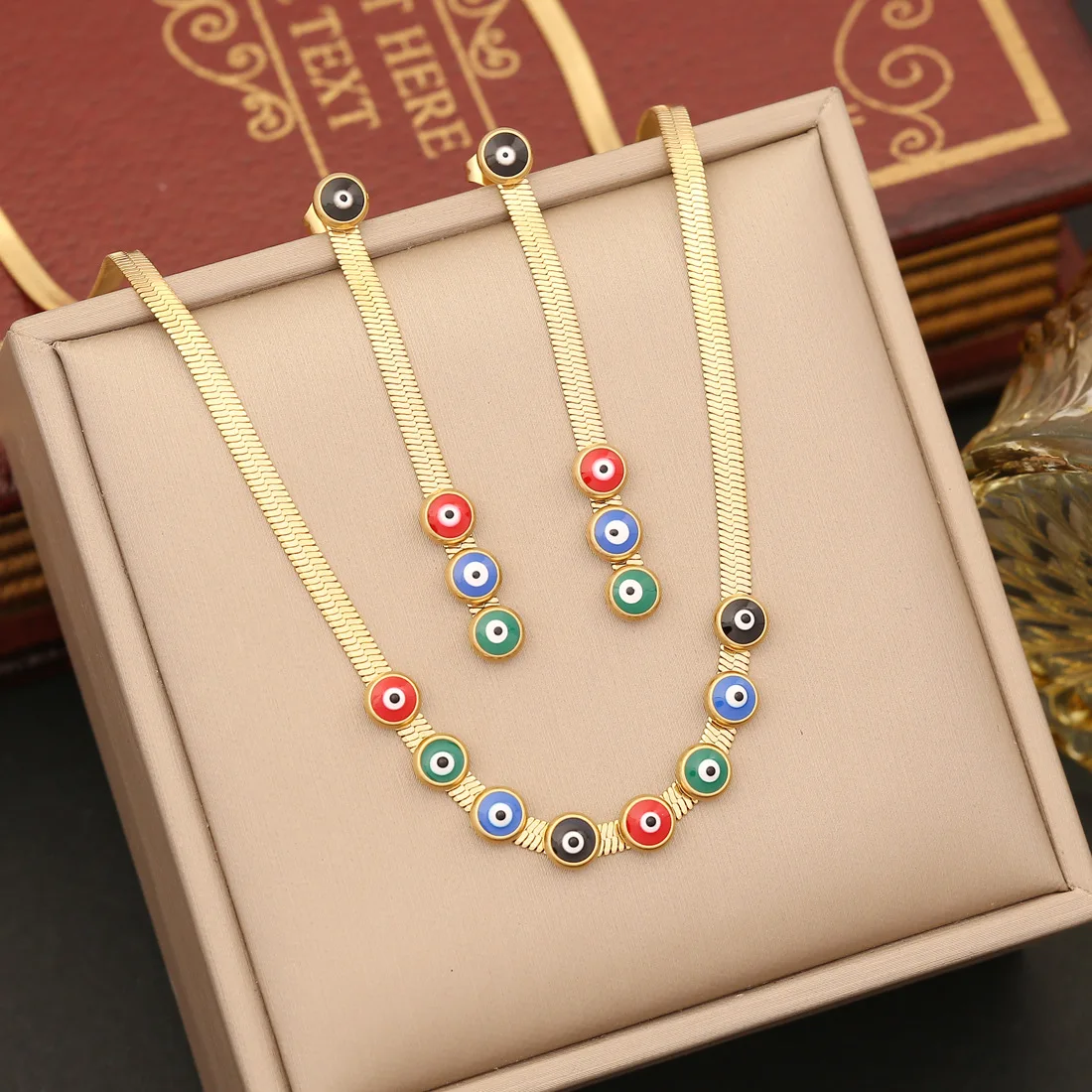 

316L Stainless Steel Round Colorful Eye Necklace for Women New Fashion Neck Gold Flat Snake Chain Jewelry Party Gift