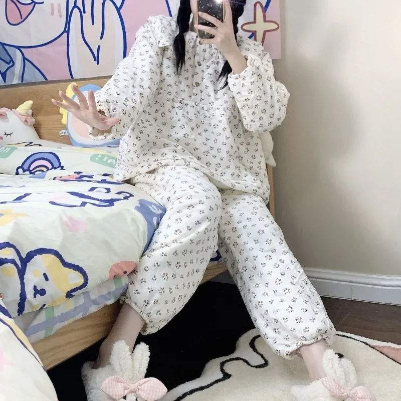 2023 New King-size Lilac Dolls Fleece Sleepwear Collar Thick Pajamas Loungewear Sets Loose Warm Nightwear Homewear Women